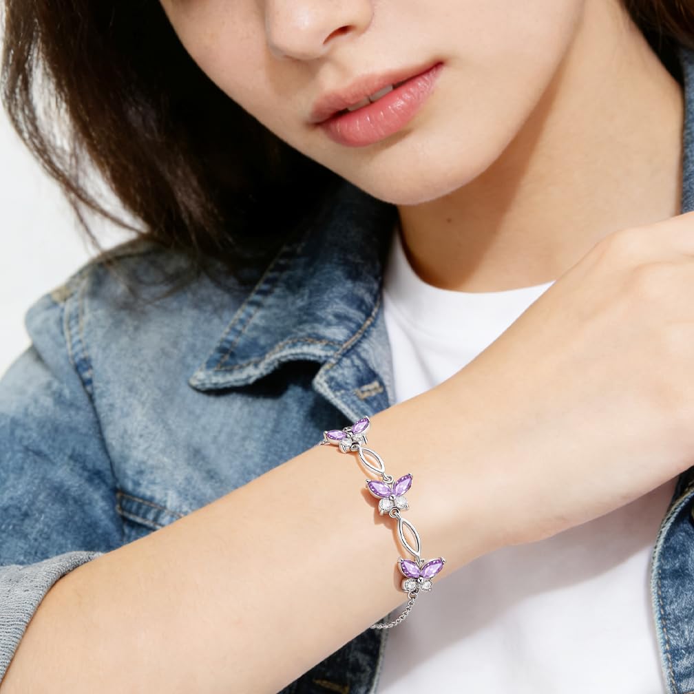 SUNCHIO Purple Bracelet 925 Sterling Silver Butterflies Link Bracelet Birthstone Jewelry Gifts for Women (Amethyst)