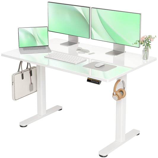 Claiks Glass Standing Desk, 48x24 Inch White Standing Desk Adjustable Height Electric Stand Up Quick Install for Computer Desks, Super White