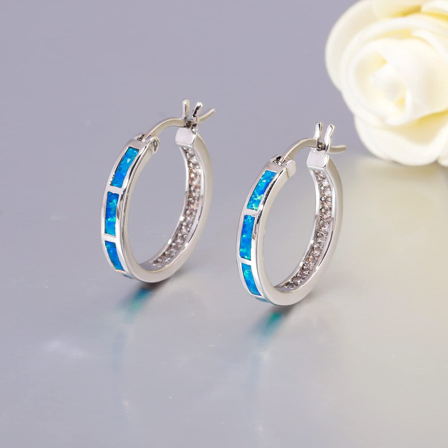 CiNily Women's Hoop Earrings for Her Blue Opal Earrings White Gold Plated Hypoallergenic Small Round Ear Hoops Ladies White Gemstone Hoop Earrings Jewelry 20mm