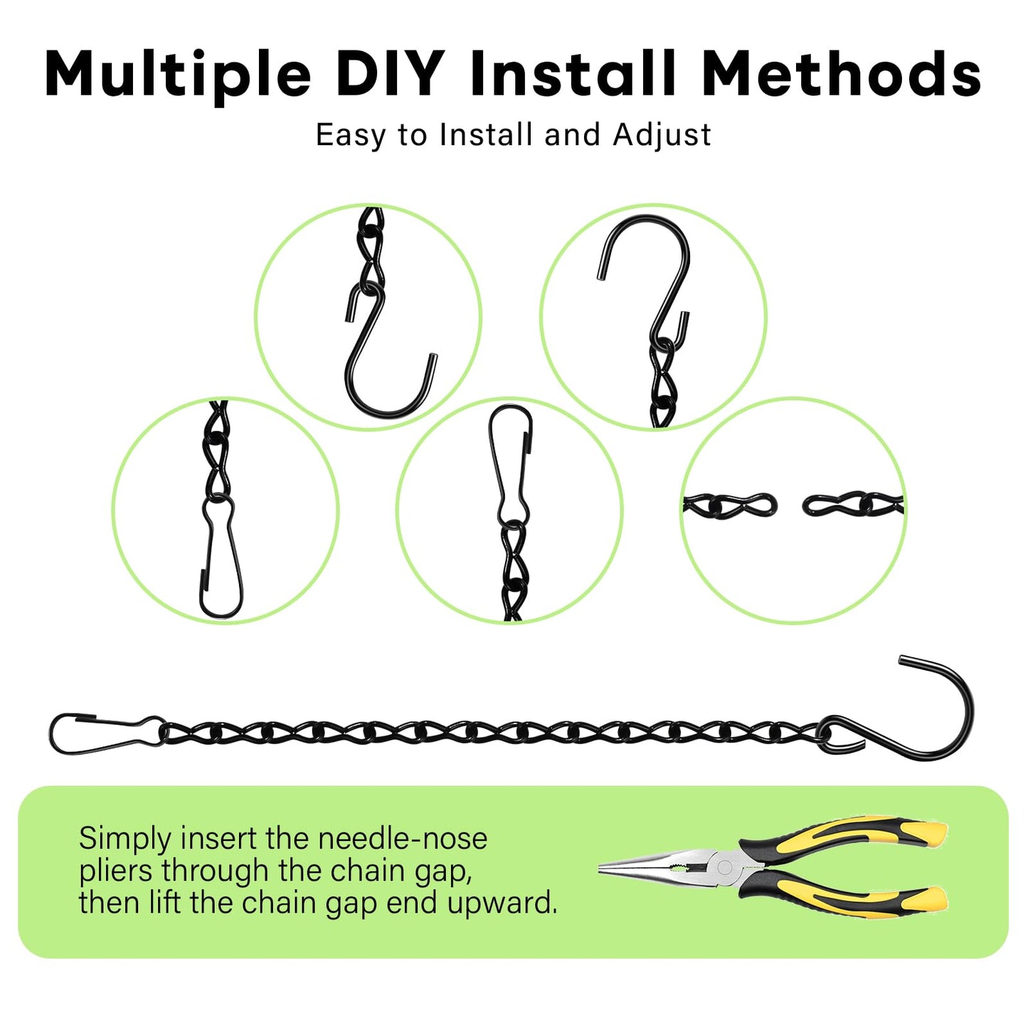 ZUZUAN Upgraded 180”Heavy Duty Metal Hanging Chains with Hanging Basket Hooks Set for Planters,Birdcage,Birds Feeder,Grow Lights,Lanterns,Billboards,Wind Chime and Ornaments,Chain Hooks DIY,Black