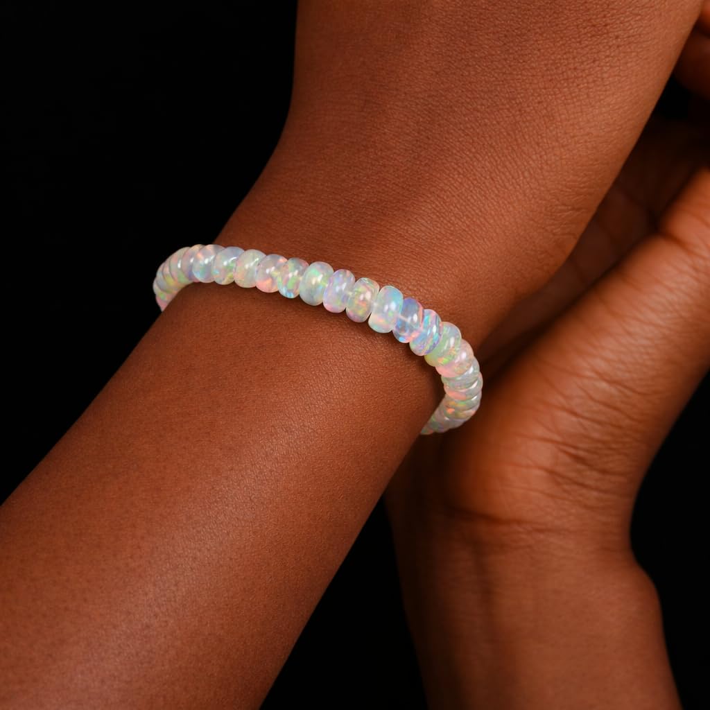 GEMS OF BAY Natural Ethiopian Opal Bracelet, Stretchable Bracelet, Welo Fire, Smooth Bracelet, Jewelry, Beads Bracelet, (7 inch)