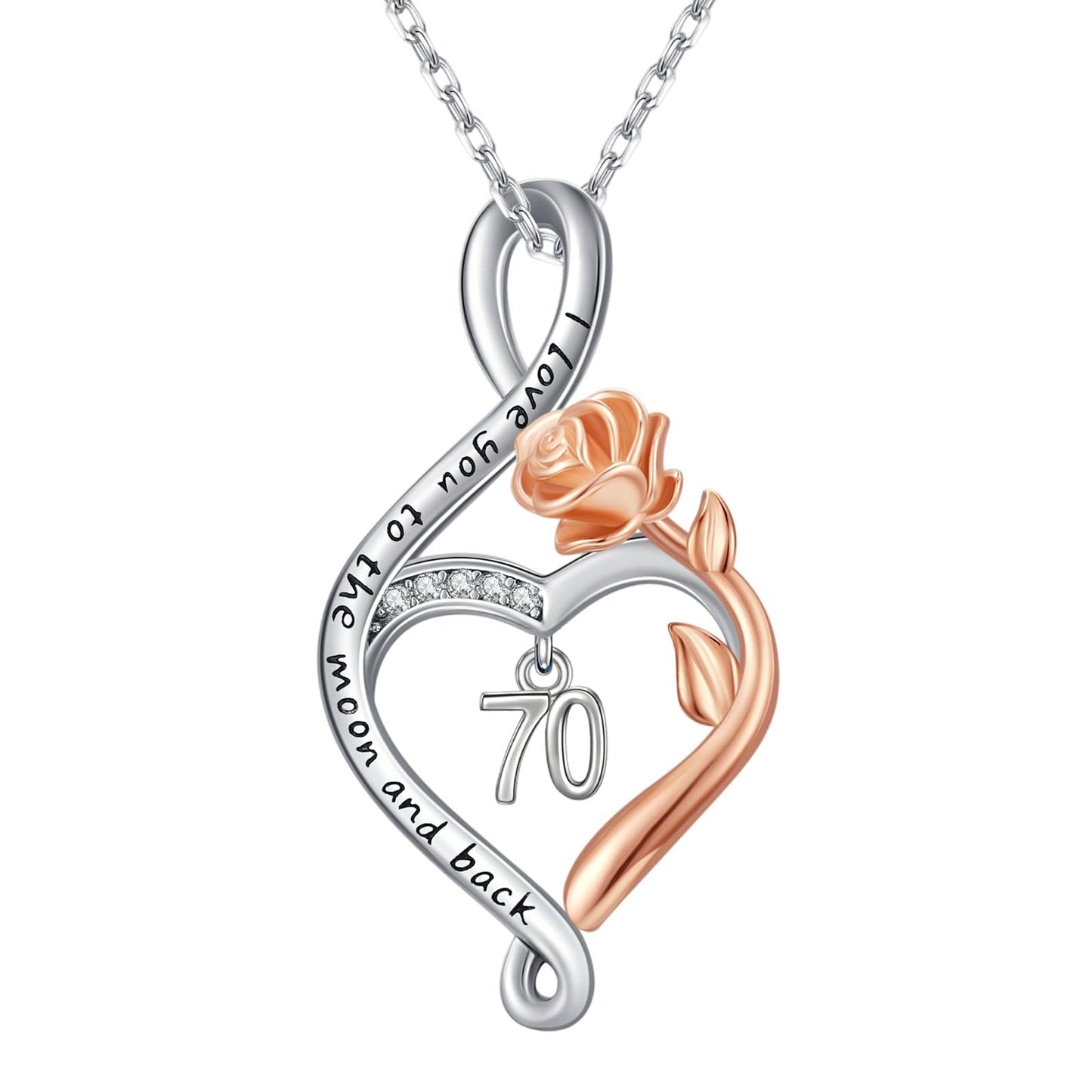 KoyeKei 70th Birthday Gifts for Women 70 Year Old Necklace 925 Sterling Silver Rose Flower Heart Infinity Pendant Jewelry Birthday Mothers Day Gifts for Wife Nana Granddaughter