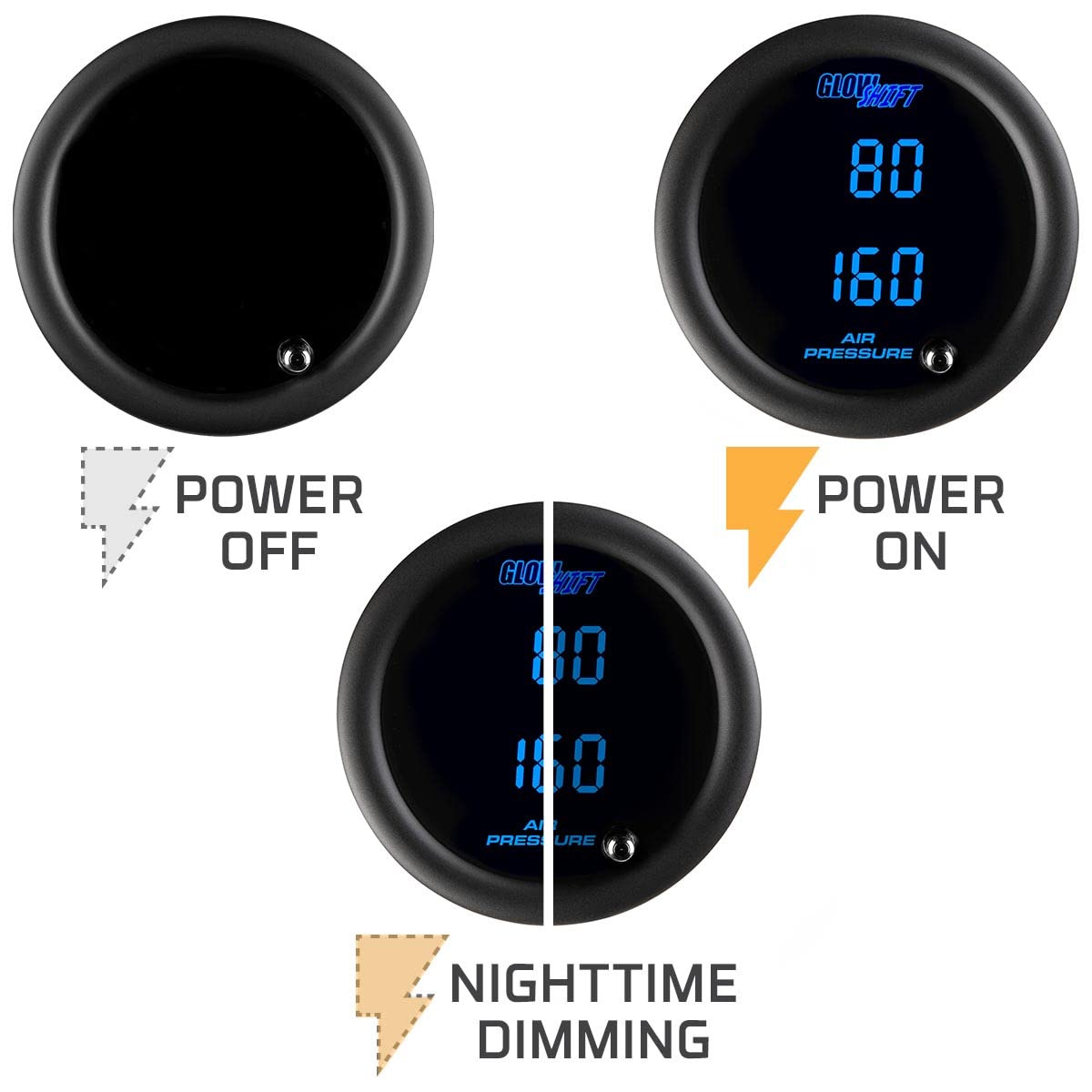 GlowShift Tinted 7 Color Dual Digital 220 PSI Air Pressure Gauge Kit - for Air Ride Suspension Systems - Includes 2 Electronic Sensors - Multi-Color LED Display - Smoked Lens - 2-1/16" 52mm