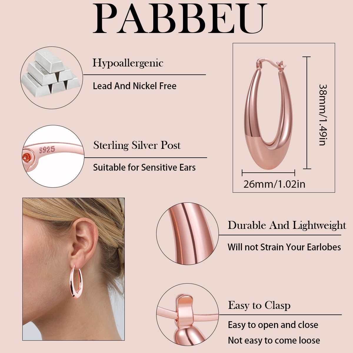 PABBEU Chunky Rose Gold Hoop Earrings for Women, Lightweight 14k Golden Plated Hoops Earrings, Hypoallergenic 925 Oval Rose Golds Hoops Earrings, Thick Gold Hoop Earrings for Women Gifts (38mm)