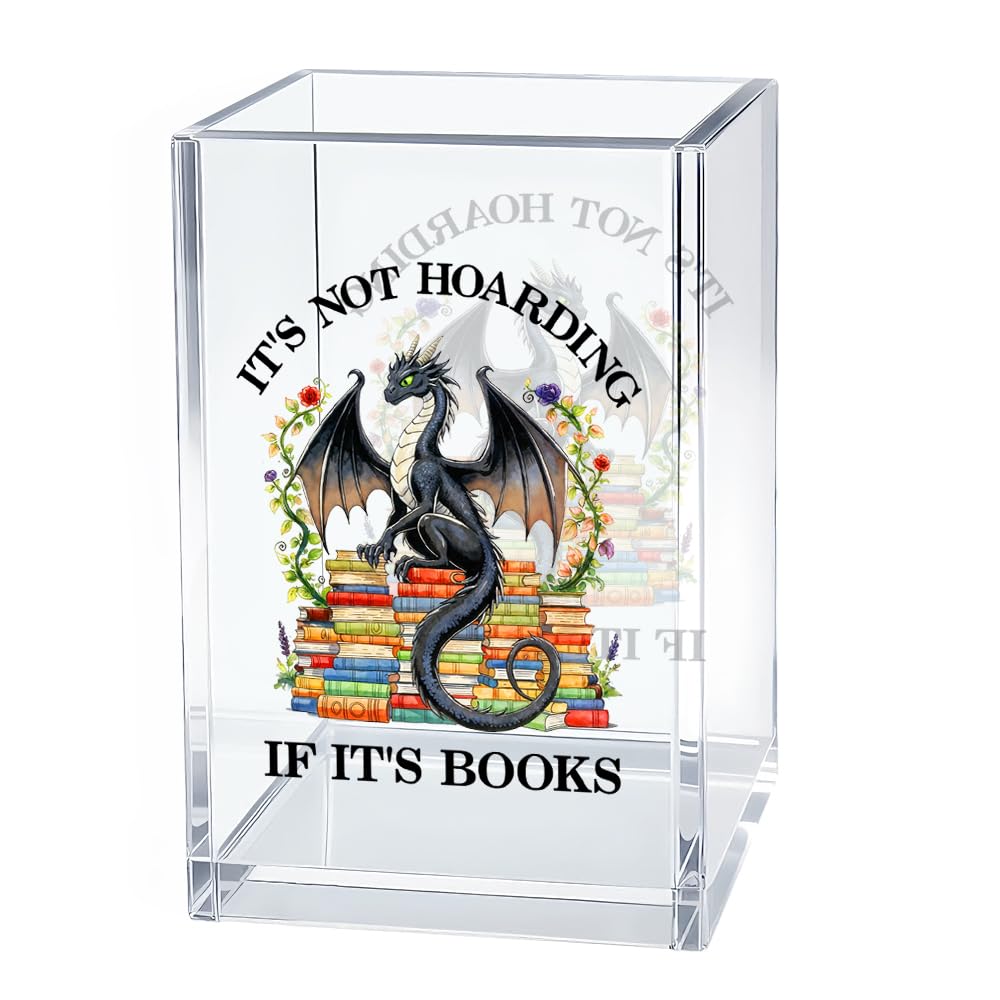 Gkodw It's Not Hoarding If It's Books Acrylic Pen Holder Cosmetic Organizer, Retro Dragon Book Pen Pencil Holders for Desk, Bookmark Holder for Bookshelf, Bookish Gifts for Librarian Reader Teacher