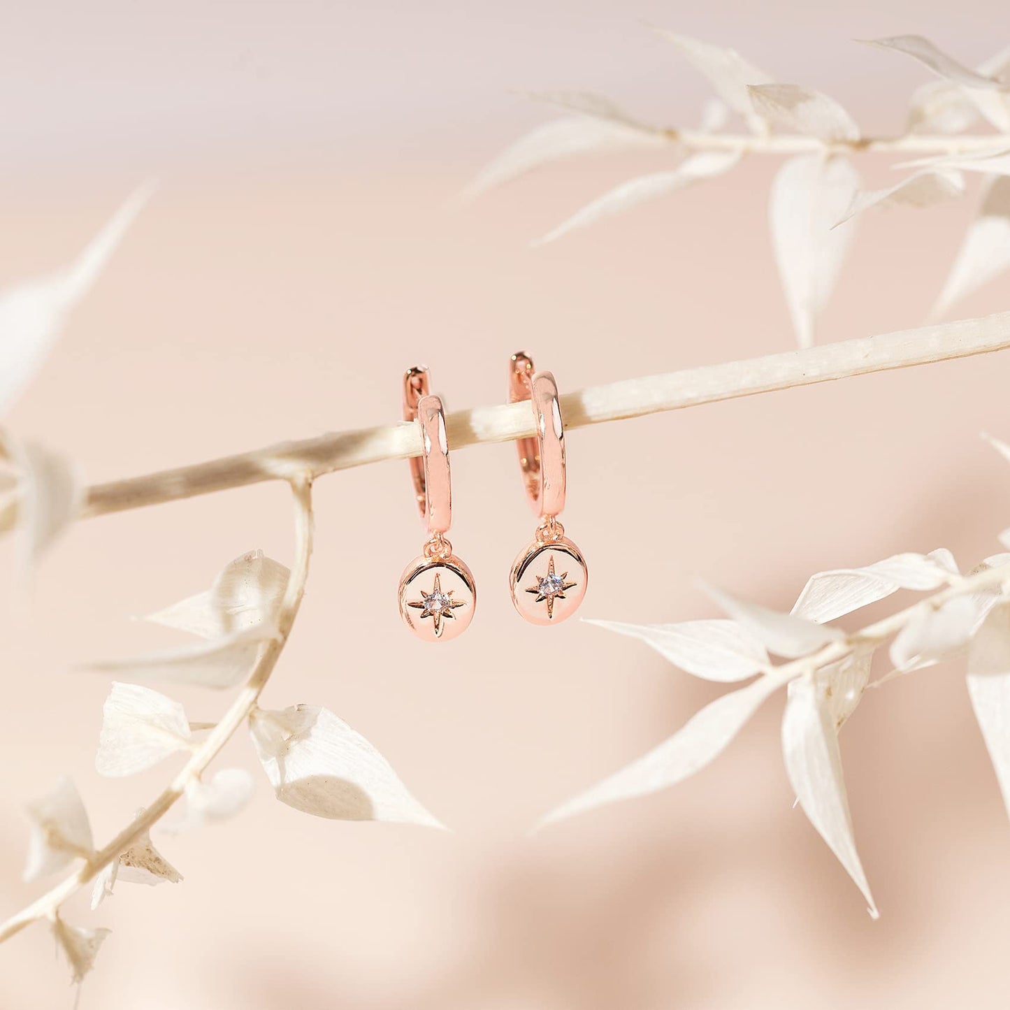 PAVOI 14K Rose Gold Plated 925 Sterling Silver Post Celestial Dangle Huggie Hoop Earrings For Women - Trendy Starbusrst Drop Hoop Earrings - Cubic Zirconia Small Hinged Huggies