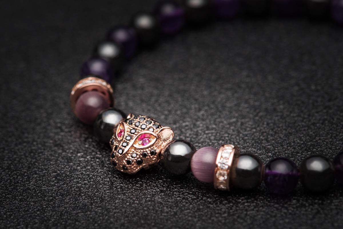 Karseer Womens Black Panther Gemstone Bracelet, 6MM Natural Crystal and Magnetic Energy Beaded Elastic Bracelet, Handmade Prayer Meditation Bracelet (Rose Gold)