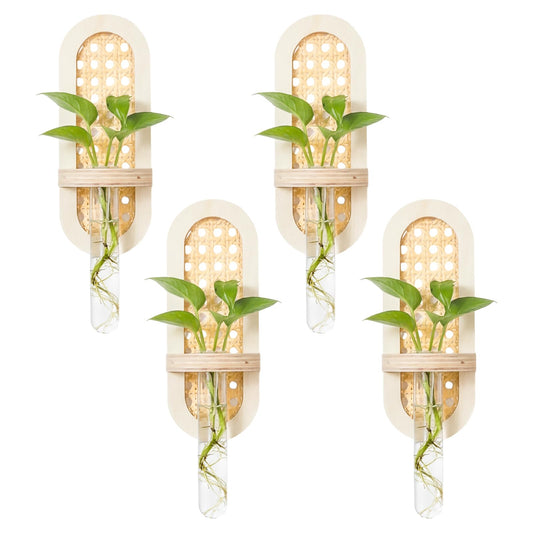 Singhoow 4 Pcs Wooden Rattan Wall Propagation Vases 8 Inch Wood Wall Vase Set Natural Boho Hanging Plant Flower Display for Hydroponics Plants Home Office Living Room Decor