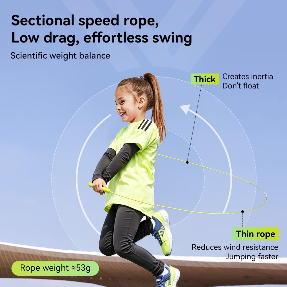JOINROPE Kids Jump Rope for Children-Adjustable Speed Skipping Rope with Dual Bearings, Segmented Anti-Tangle Cord, Silicone Handles, Indoor Outdoor Fitness Toy for Boys & Girls (Green)