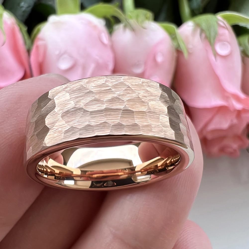 TUTISS 8mm Rose Gold Hammered Tungsten Rings for Men Women Engagement Wedding Bands Pipe Cut Matte Finish Comfort Fit Size 10