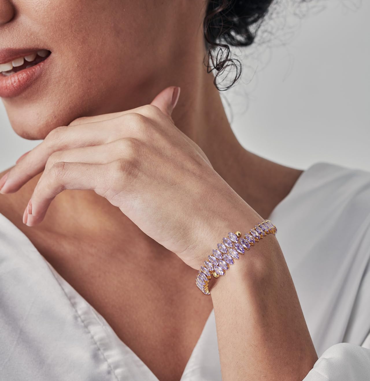 Wovanoo Rhinestone Cuff Bracelet Cubic Zirconia Tennis Bracelets Open Adjustable Elastic Bangle for Women Gold Purple