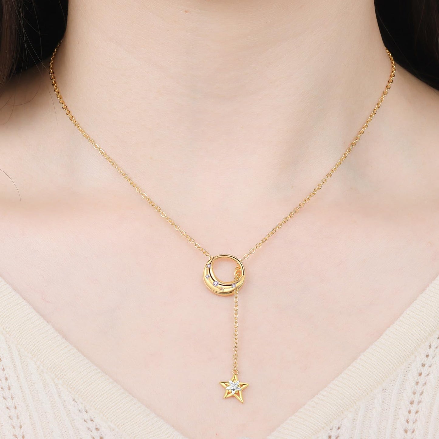 MISEFF 925 Sterling Silver Fashion Pendant Necklace for Women，Fashion Jewelry, 18K Gold Plated， Advanced Retro Series Link Chains ，Basic Multifunctional Accessories Suitable for Multiple Occasions and Daily Wear (Golden Star Moon Y-shaped Chain)