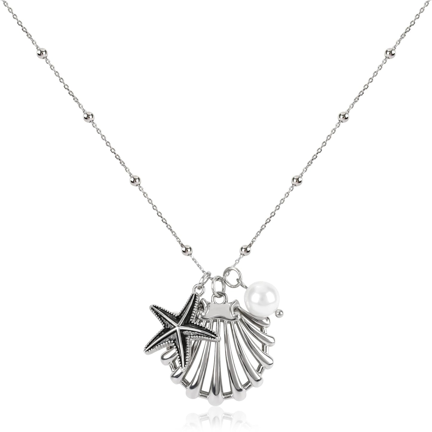 Silver Shell Necklace for Women, Mermaid Starfish Shell Pendant Necklace with Glass Pearl, Seashell Charm Statement Necklace Summer Beach Ocean Jewelry Gift for Women
