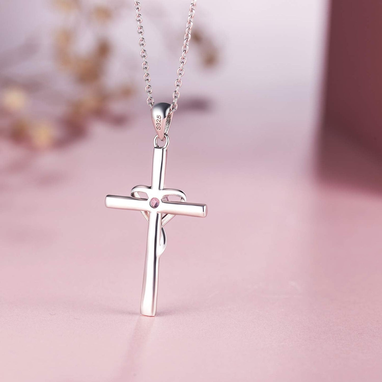 AmorAime 925 Sterling Silver Cross Necklace for Women Men 14K Gold Plated 5A CZ Birthstone Necklaces for Holiday (J.Pink-October-Tourmaline)