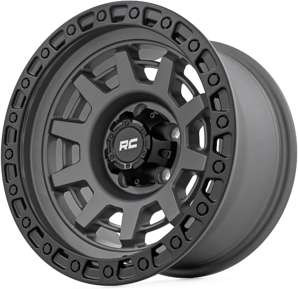 Rough Country 85 Series 15x8 Wheel - 5x4.5" Bolt Pattern, 19mm Offset, Gunmetal Gray with Black Simulated Beadlock, One-Piece Aluminum Off-Road Wheel