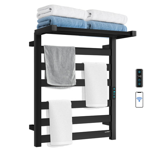 Towel Warmer Rack with WiFi, 6 Bars Large Towel Racks with Temperature & Timing Control, Foldable Bracket, Digital Display, Stainless Steel, Plug-in, Wall Mounted, Black
