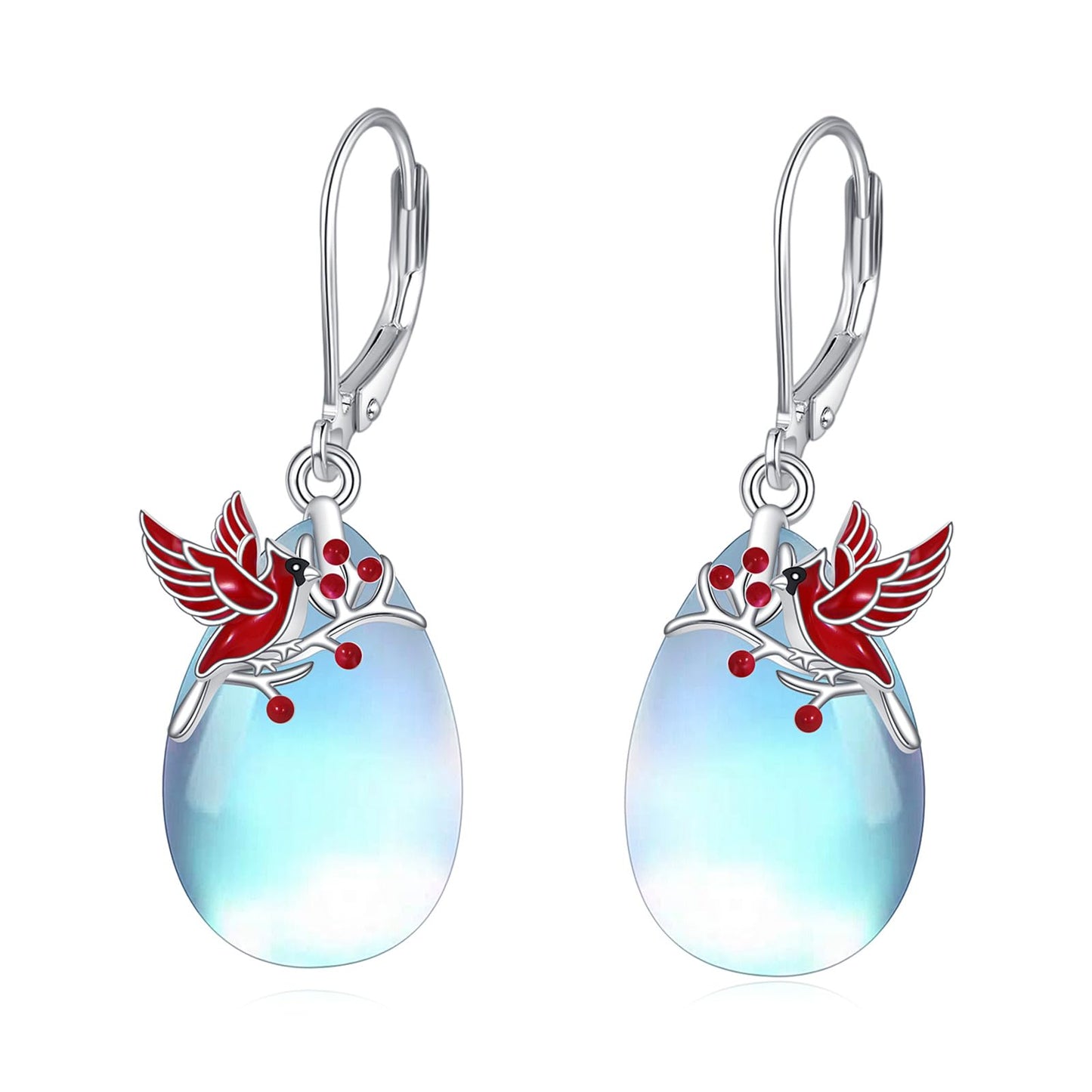 TIGER RIDER Red Cardinal Bird 925 Sterling Silver French Clasp Leverback Earrings Moonstone Pendant Jewelry Gift for Women
