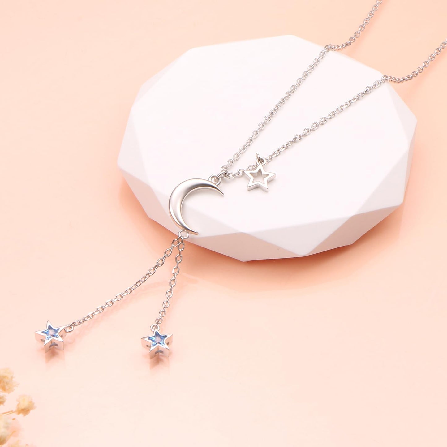 Ladytree 925 Sterling Silver Crescent Moon and Stars Celestial Jewelry Blue Star Synthetic Spinel Pendant Necklace Rolo Chain 18 inches to 20 inches