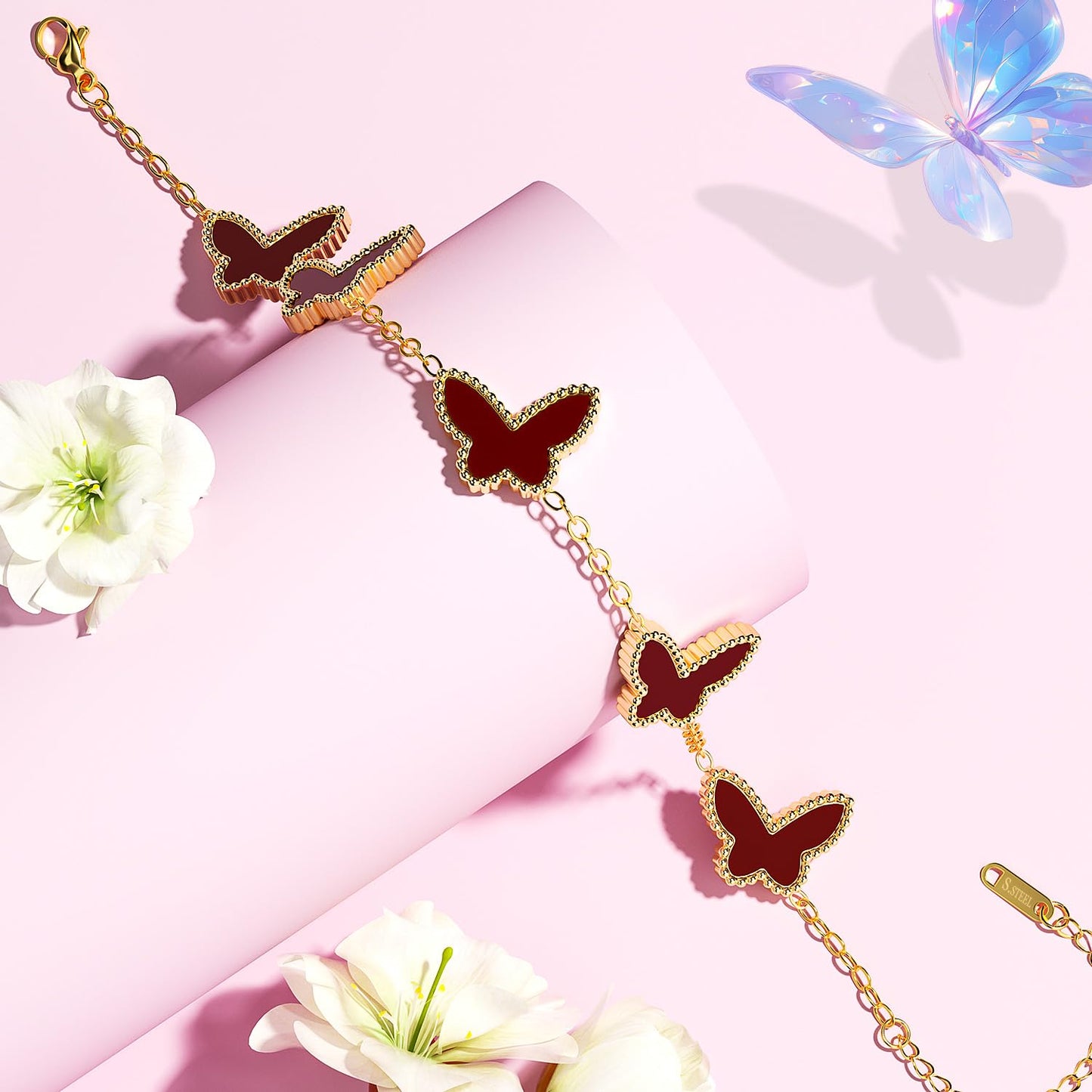 AICase 18K Gold Plated Clover Bracelet Dupes Black Bracelet Set for Women Butterfly Flower Leaf Lucky Clover Bracelets Trendy Jewelry Birthday Gifts for Women/MoM/Friends_Wine Red