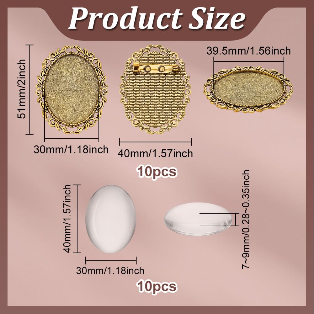 PH PandaHall 10 Sets Brooch Cabochon Making Kit, 40x30mm Vintage Oval Brooch Bezel Blank Memorial Photo Pins with Clear Glass Cabochons for Jewelry Making Wedding Graduation Party, Antique Golden