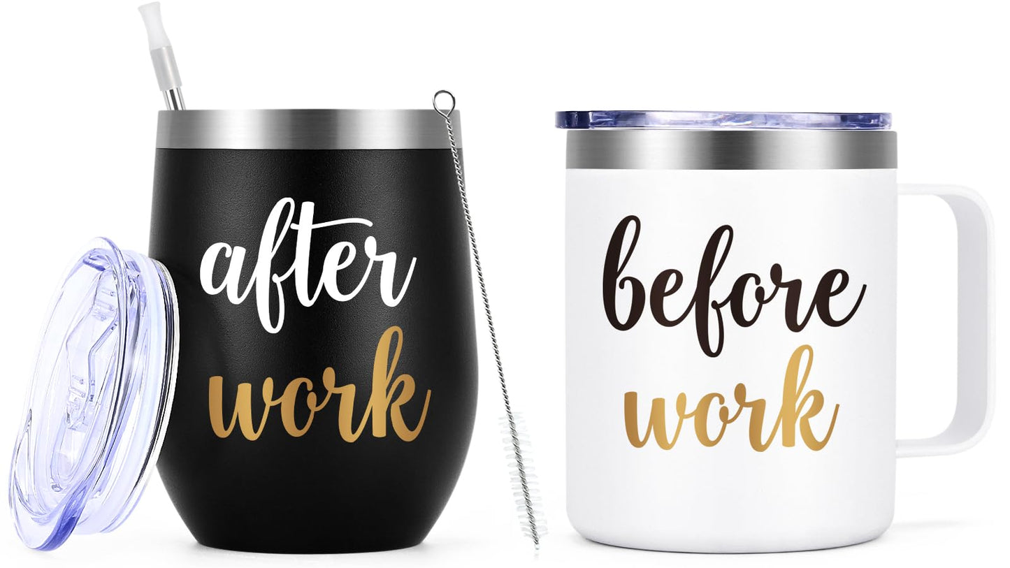 Gtmileo Before Work After Work Gifts Set, Christmas Work Office Gifts for Coworkers Employees Men Boss Manger Leader Male Friends, 12oz Insulated Coffee Mug and Wine Tumbler Set (Black&White)