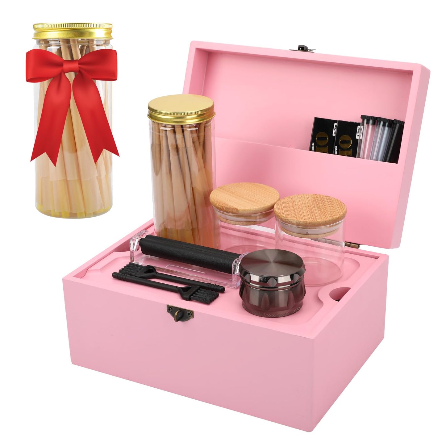 Coozyupper Large Bamboo Storage Box with Removable Tray Kit - Decorative Box Set, Glass Jars, and Accessories Wooden Storage Kit and Accessories Tool.Birthday Gifts