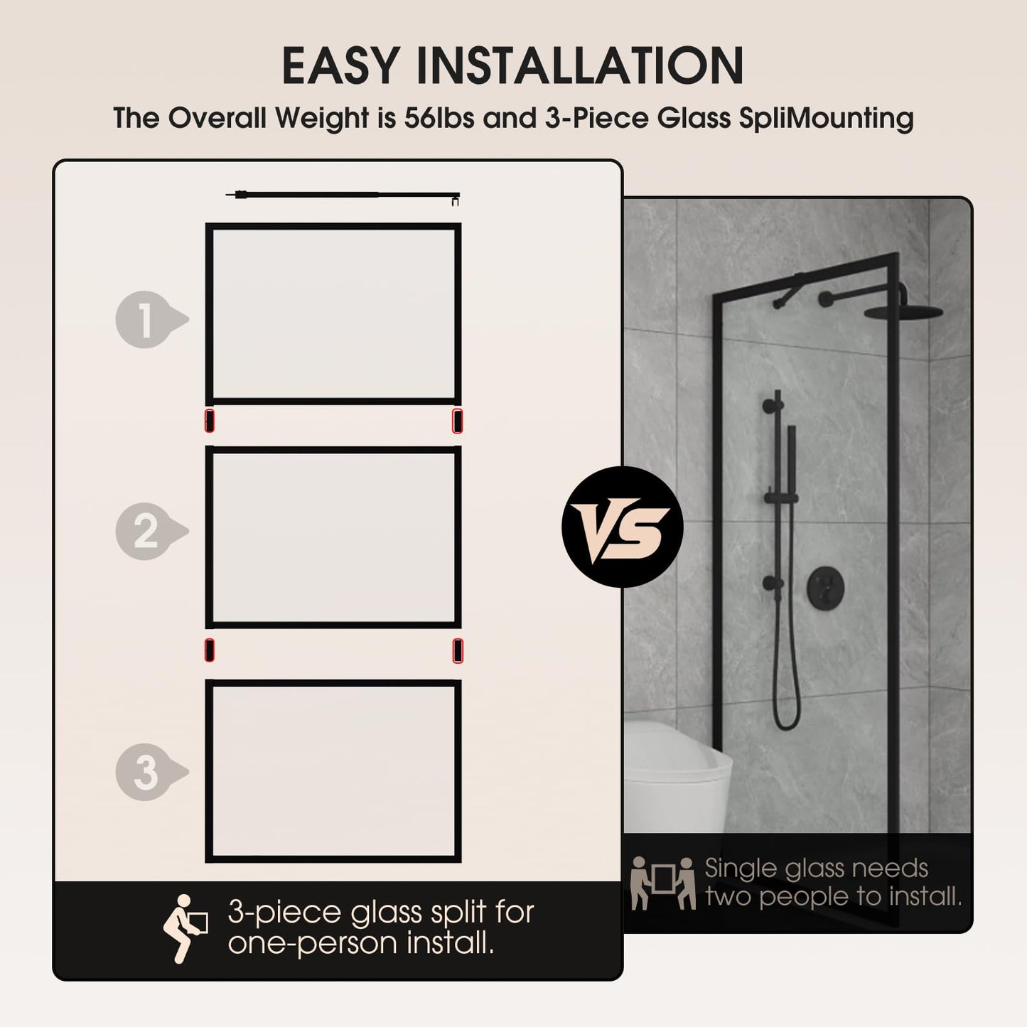LARWORKS Walk in Shower Door, 40" W x 75" H Fixed Shower Glass Panel, 1/5"(5mm) Tempered Glass Shower Screen for Bathroom, 3 Glass Panels & Adjustable Support Bars - Matte Black