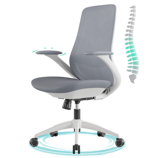 BERYTH Ergonomic Office Chair, High Back Mesh Desk Chair with Lumbar Support, 360° Swivel & Slide-Adjustable Arms, Tilt Lock and Recline, Breathable Task Chair for Home Office & Gaming (Grey)