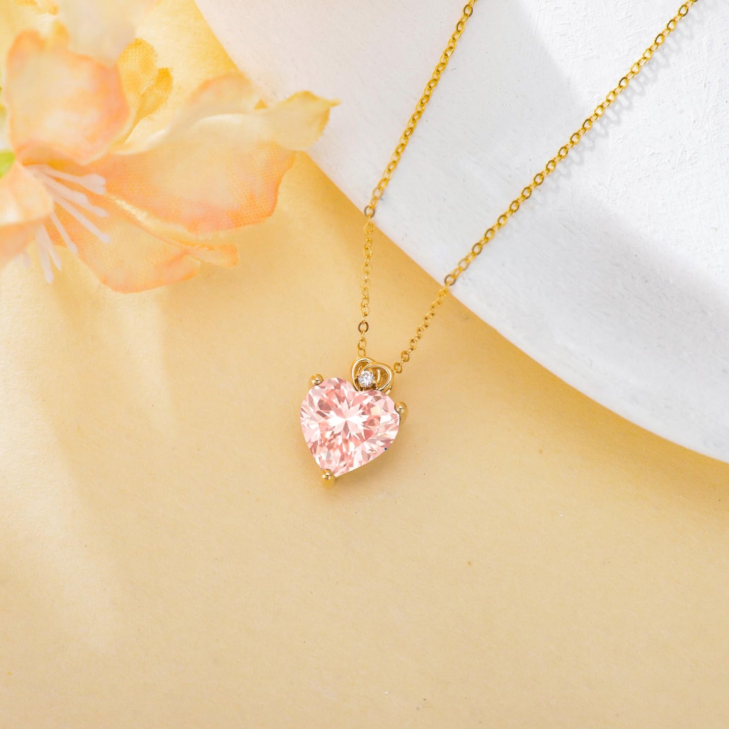 NFYBD 14k Gold Love Heart Morganite Birthstone Pendant Necklace for Women 3 Carat Heart-cut Created Gemstone Anniversary Birthday Mother's Day Necklaces for Her 16+1+1 inch