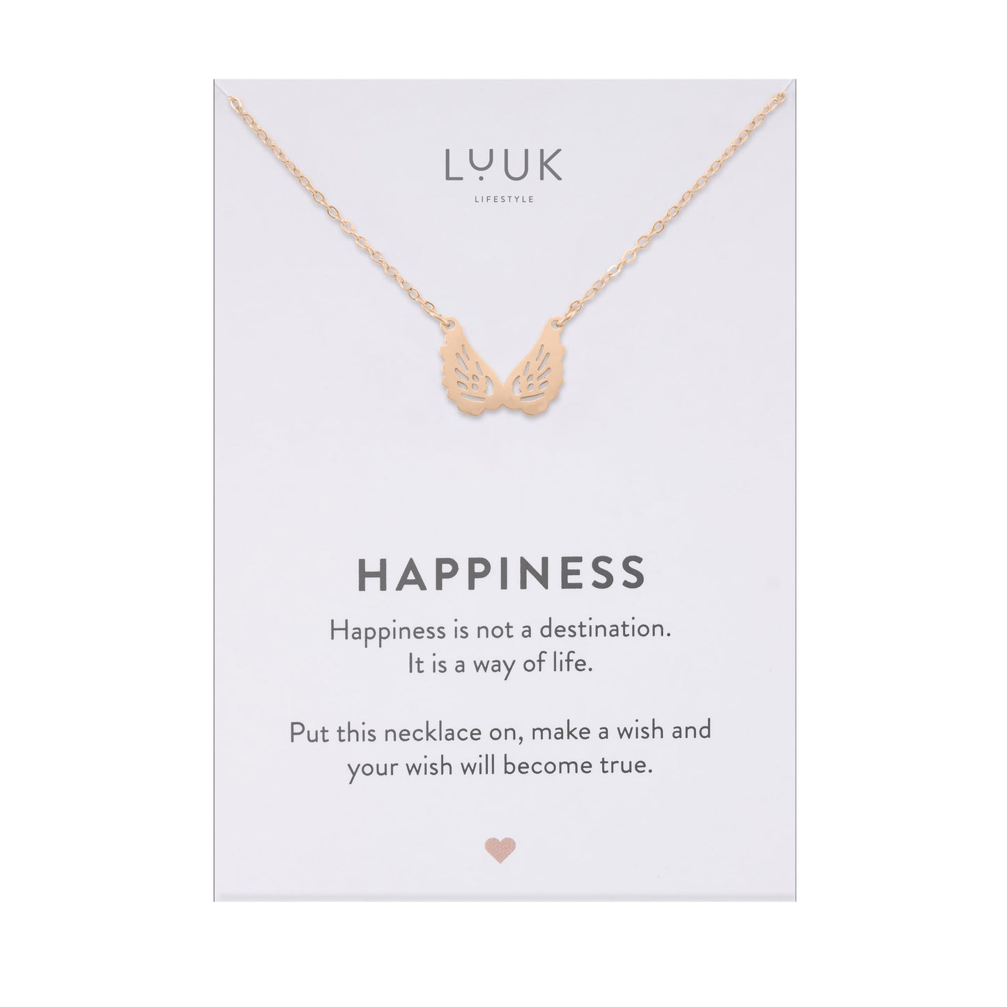 LUUK LIFESTYLE Stainless steel cute Angel Wings pendant necklace, Gift ideas for her, with HAPPINESS Gift Card, rose gold, 19in adjustable chain, waterproof, sturdy dainty simple minimalist trendy