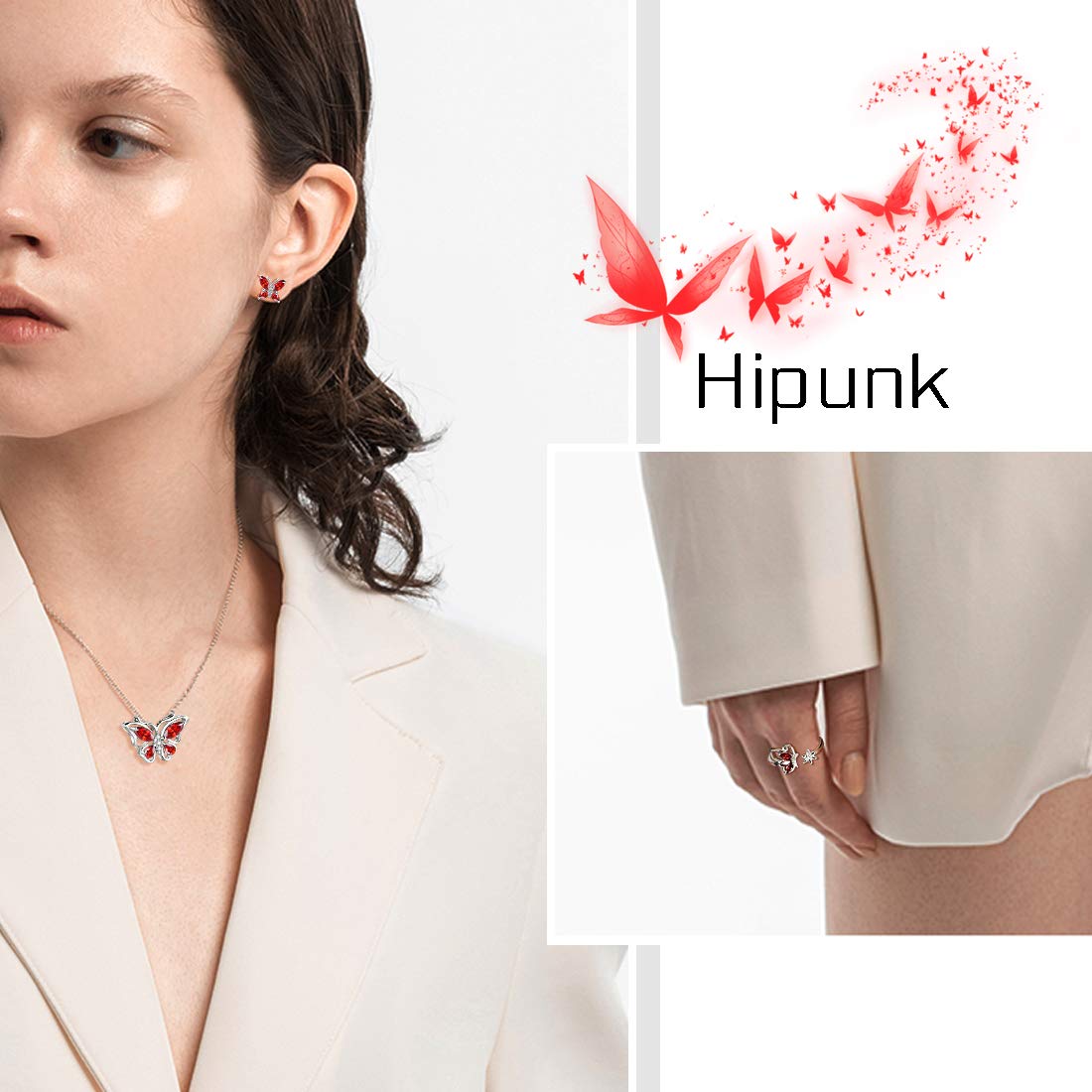 Hipunk Butterfly Red Jewelry Sets Birthstone Women 925 Sterling Silver January-Garnet Birth Stone Animal Butterflies Jewelry Sets/Earring/Ring Set Crystal Birthday Jewelry SS0002J