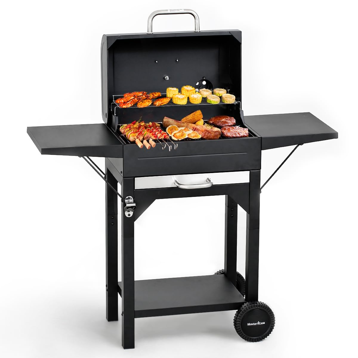 MASTER COOK Charcoal Grills with Two Side Tables, 332 SQIN Cooking Area Outdoor Smoker Barbecue bbq grill for Camping, Patio,Backyard Party, Picnic, Black
