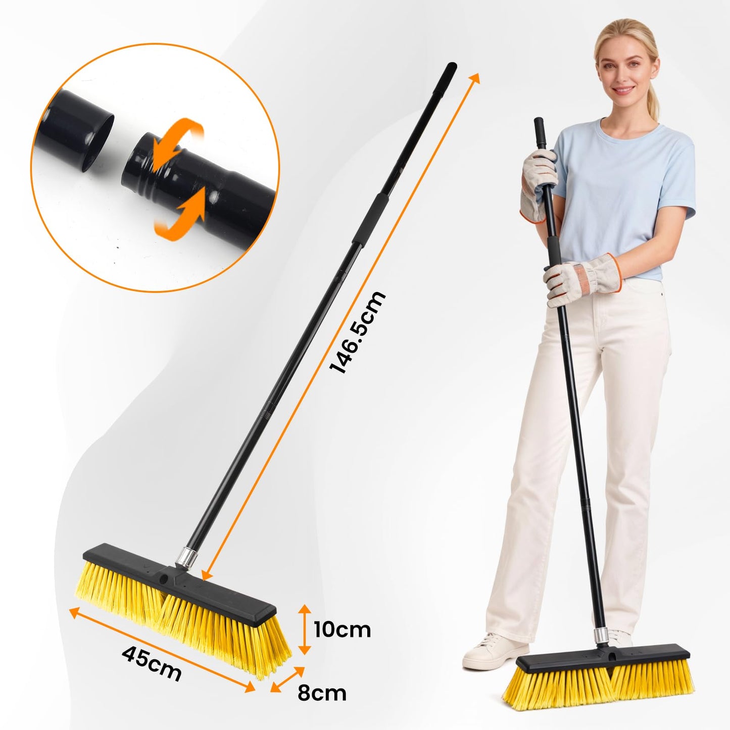 TOMAIX 18 Inches Push Broom Outdoor，Commercial Broom Brush，Stiff Bristle Brush with 61.8 inches Long Handle for Patio Garage Deck Street Shop Warehouse Lawn Driveway -2 Pack