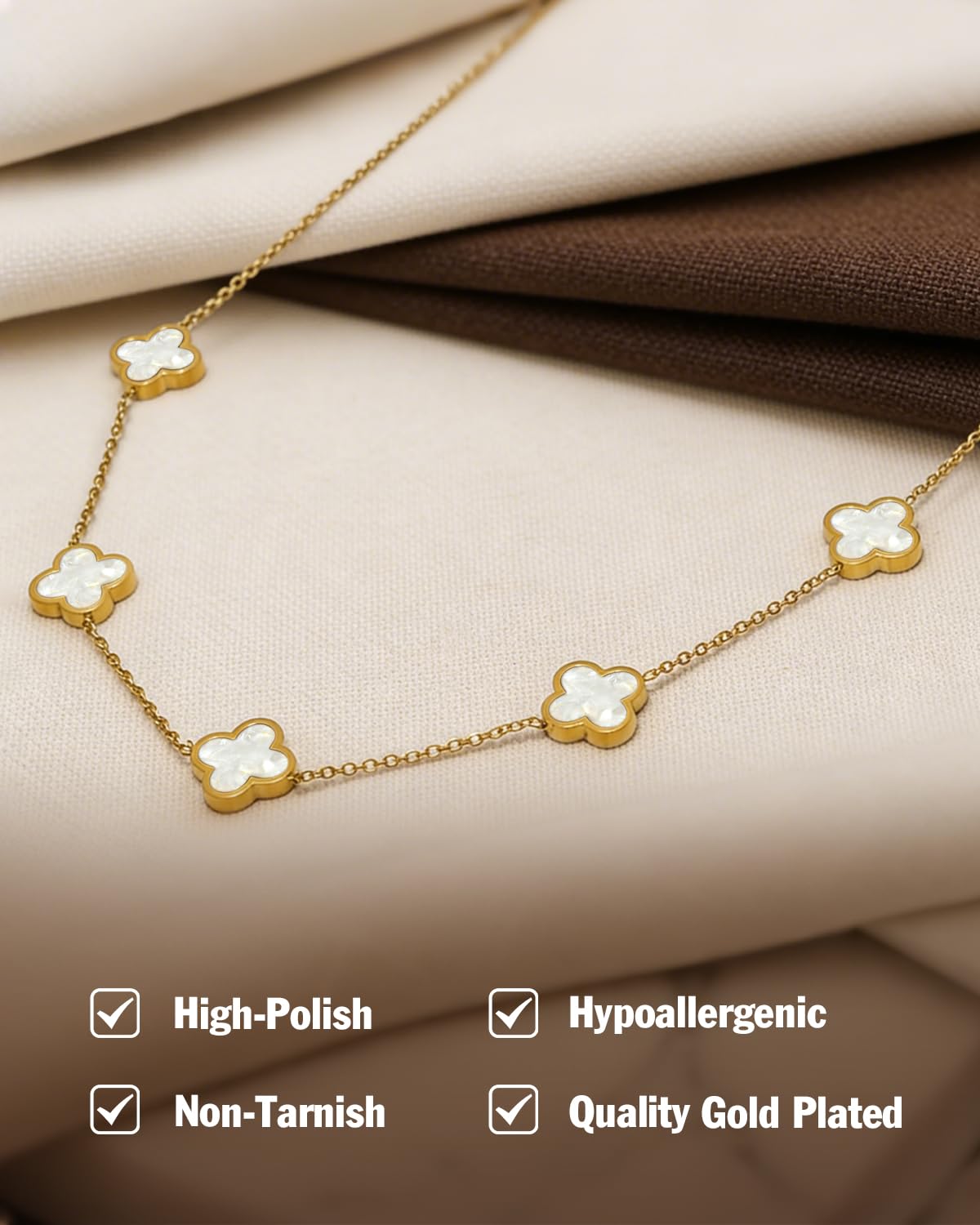 Aimétte Monette 18K Gold Plated Jewelry Set, Clover Necklace, Clover Bracelets and Stud Earrings Set, Women's Hypoallergenic White Gold Lucky Bracelet and Necklace Fashion Gifts for Women Trendy