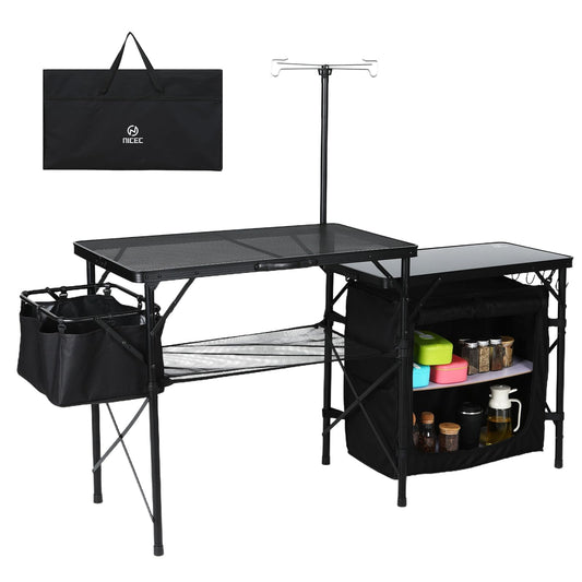 Nice C Camping Kitchen Table, Portable Folding Camp Cook Station, Storage Organizer, with Light Poles, Storage, Side Bag, Side Hooks, for Outdoor, Picnic, Beach, RV Traveling (Black)