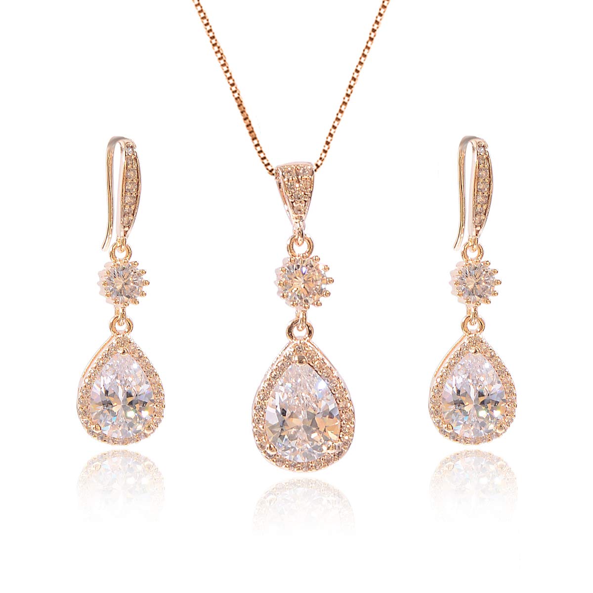 AMYJANE Bridal Jewelry Set for Wedding - 18k Gold Plated Sterling Silver Teardrop Cubic Zirconia Crystal Drop Earrings and Necklace Set for Bride Bridesmaids Mother of Bride Prom Party