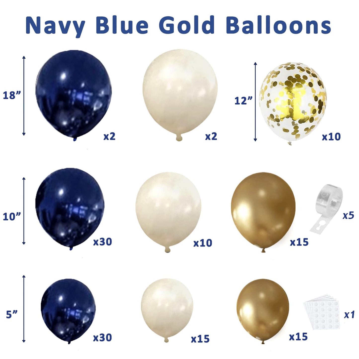 Navy Blue Gold Balloon Graland Arch Kit, Double Stuffed Pearl White Royal Blue Chrome Gold with Confetti Balloons for New Year Graduation Birthday Wedding Party Decorations