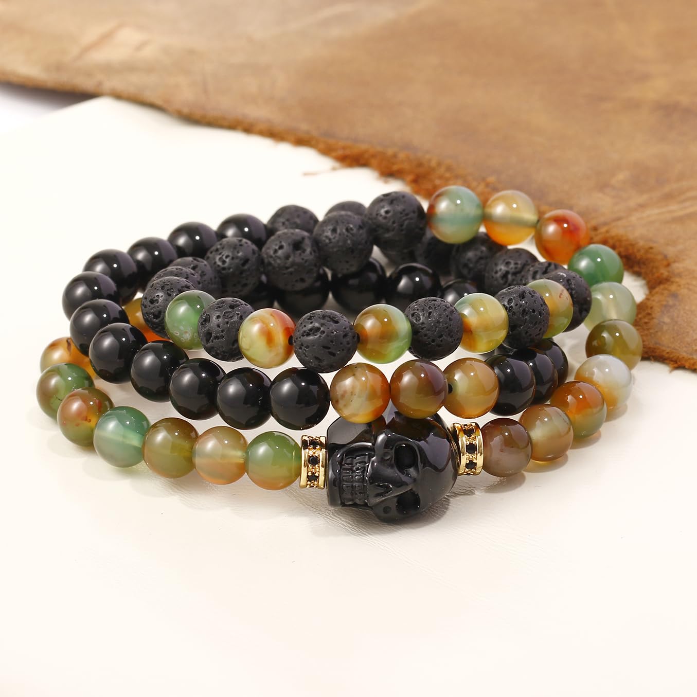 Xfoxstal Wrap Agate Stretch Beaded Bracelets Protection Obsidian Small Skull Lava Stone Bracelet for Women Essential Oil Diffusers Jewelry Meditation Gifts 8mm