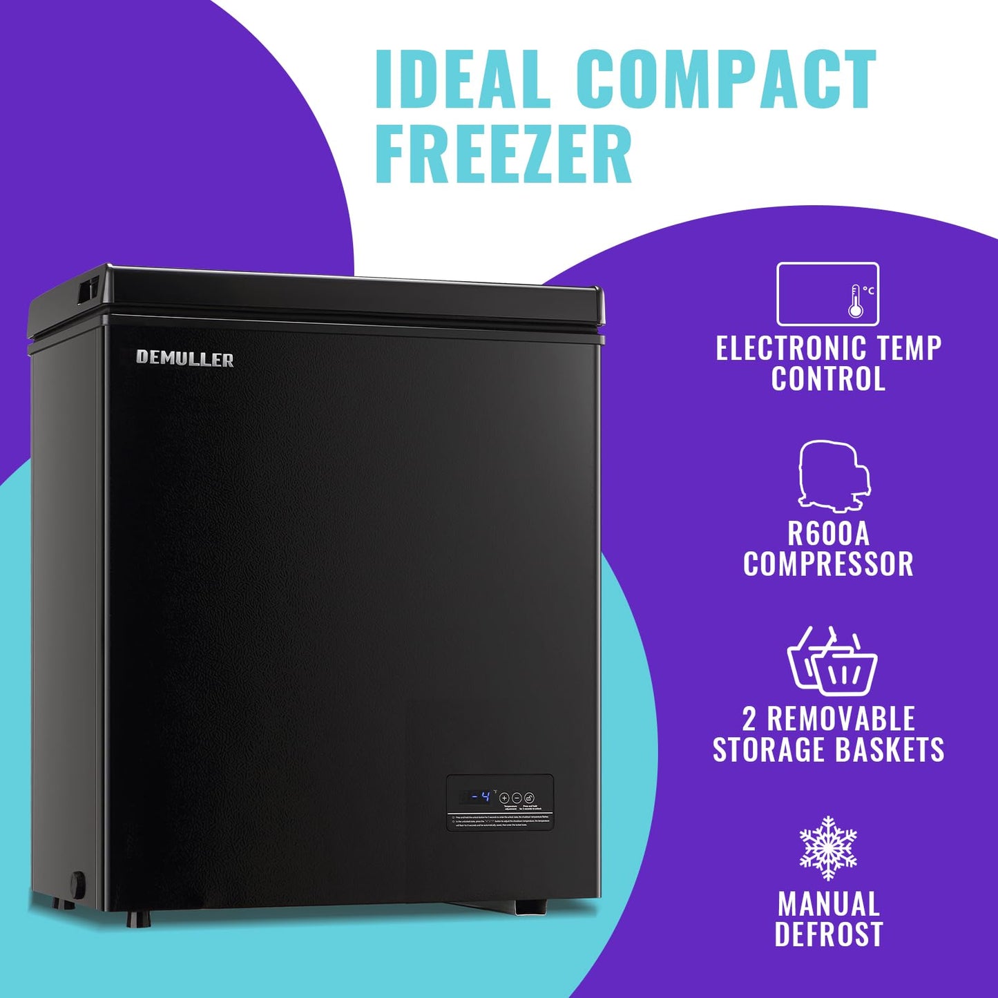 DEMULLER Chest Freezer, Small Deep 4.0 Cubic Feet Black Freezers, Compact Top Open Door with Electronic Panel, Temp Range -12 ℉ to 50 ℉, Two Storage Wire Baskets, Manual Defrost