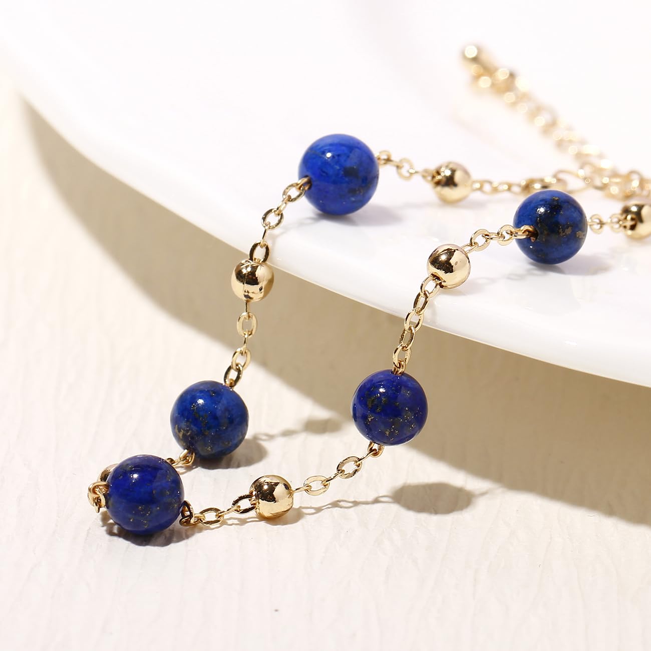 Xfoxstal 14k Gold Plated Chain Bracelets for Women Crystals and Stones Bracelets Jewelry Adjustable (Lapis Lazuli)