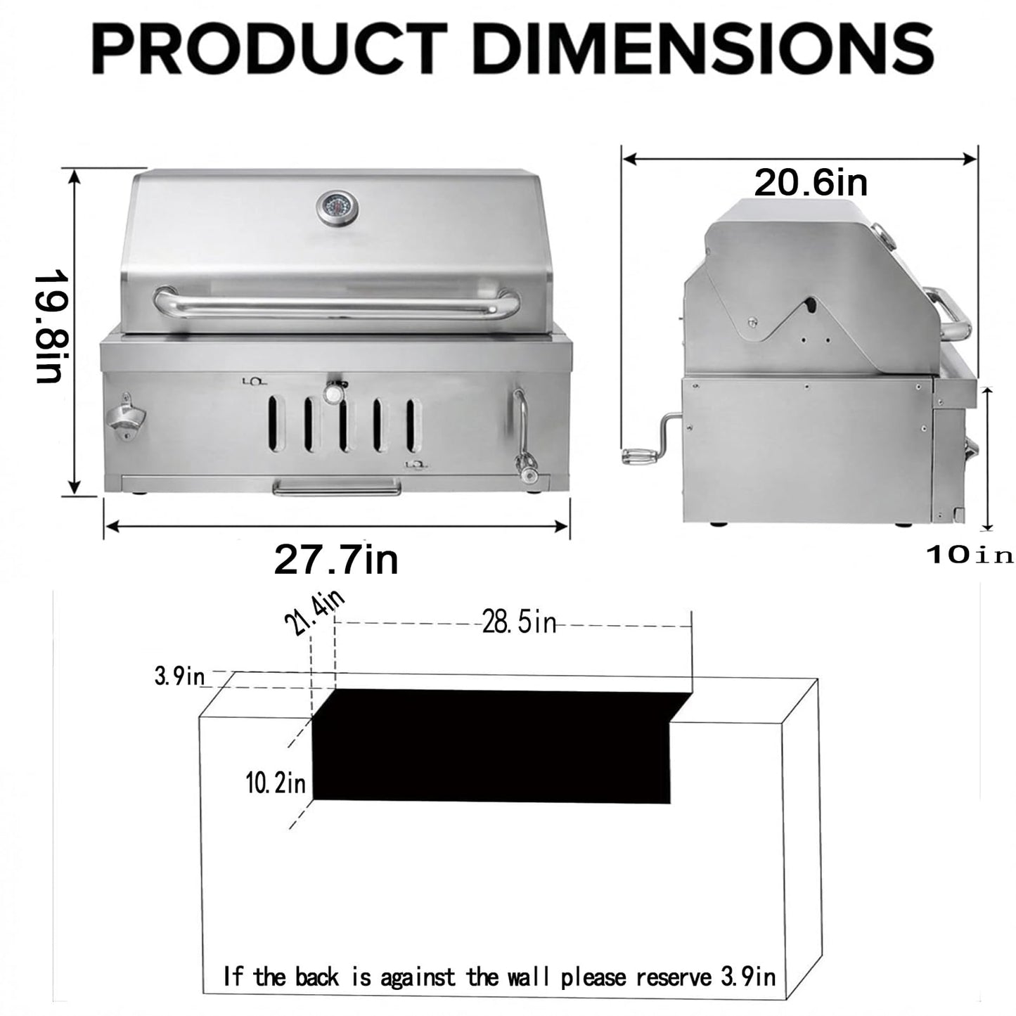 Large Charcoal BBQ Grills, Built in Barbecue Grill with Liftable Tray, Insulated Hood & Temp Gauge, Silver Stainless Steel BBQ Barrel Grill for Outdoor Kitchen Cooking Family Parties Patio Park Style