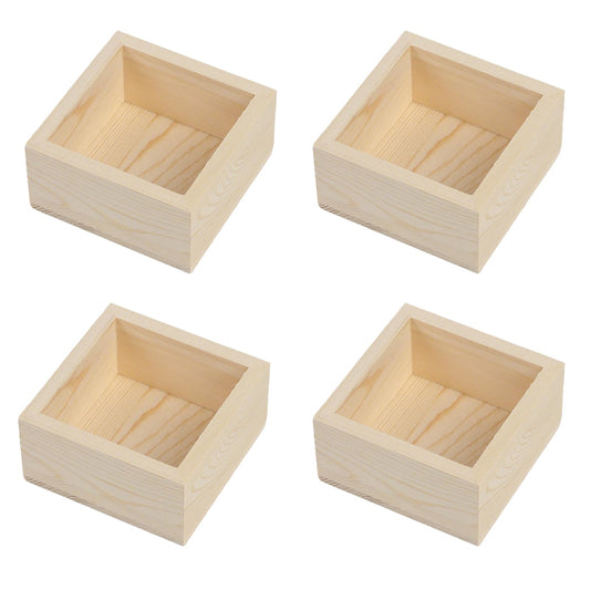 4 Pack Unfinished Wooden Craft Storage Organiser Boxes, 3.15 x 3.15 x 1.57 inch Square Rustic Small Wooden Box, Rustic Natural Wood Container Box for Home Decor, Desktop Drawer Organizer