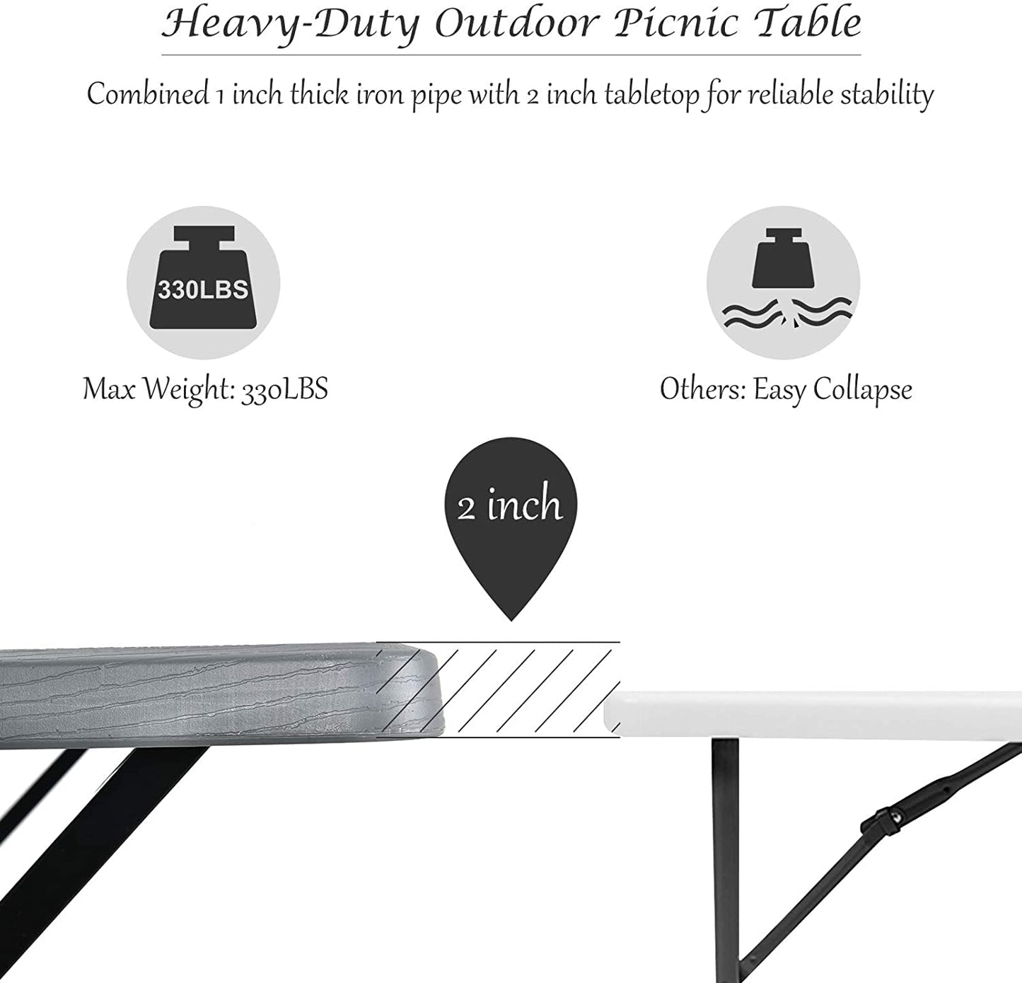 Hysache Picnic Table Bench Set, Patio All Weather Metal Base Camping Table Set w/Wood Texture Tabletop, Steel Frame, Large Camping Picnic Tables for Backyard Poolside Garden Patio Lawn (Grey)