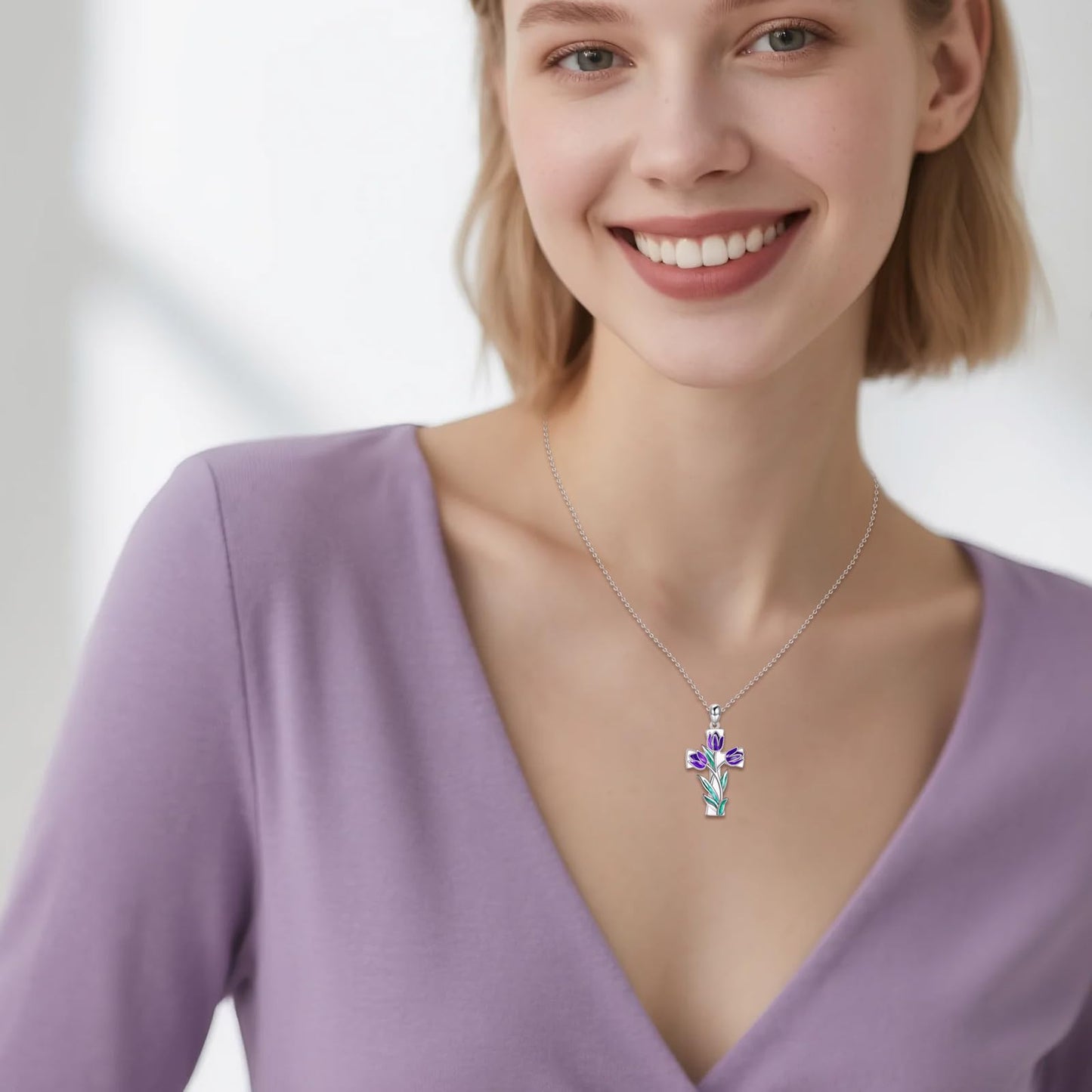 JERWLI Tulips Necklace 925 Sterling Silver Purple Tulips Flower Cross Pendant Necklace Birth Flower Jewelry for Women