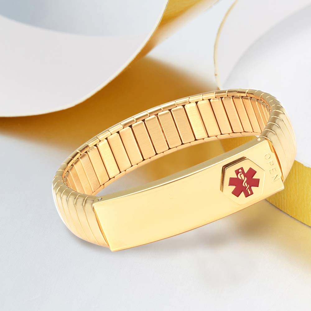 EnerMagiX Medical Alert Bracelet for Men Women, Id Elastic Stainless Steel Personalised (Put Details in Lift Up Section, Customized Card+Strips Free) (Gold, 7.48'')