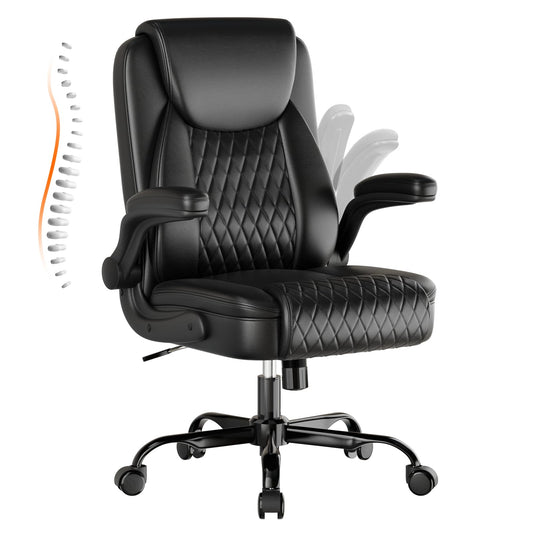 GTPLAYER Leather Office Chair 400lbs, Home Desk Chair with Flip-up Arms and Ergonomic Back - Comfy Heavy Duty Executive Chair for Home Office Gaming, Black