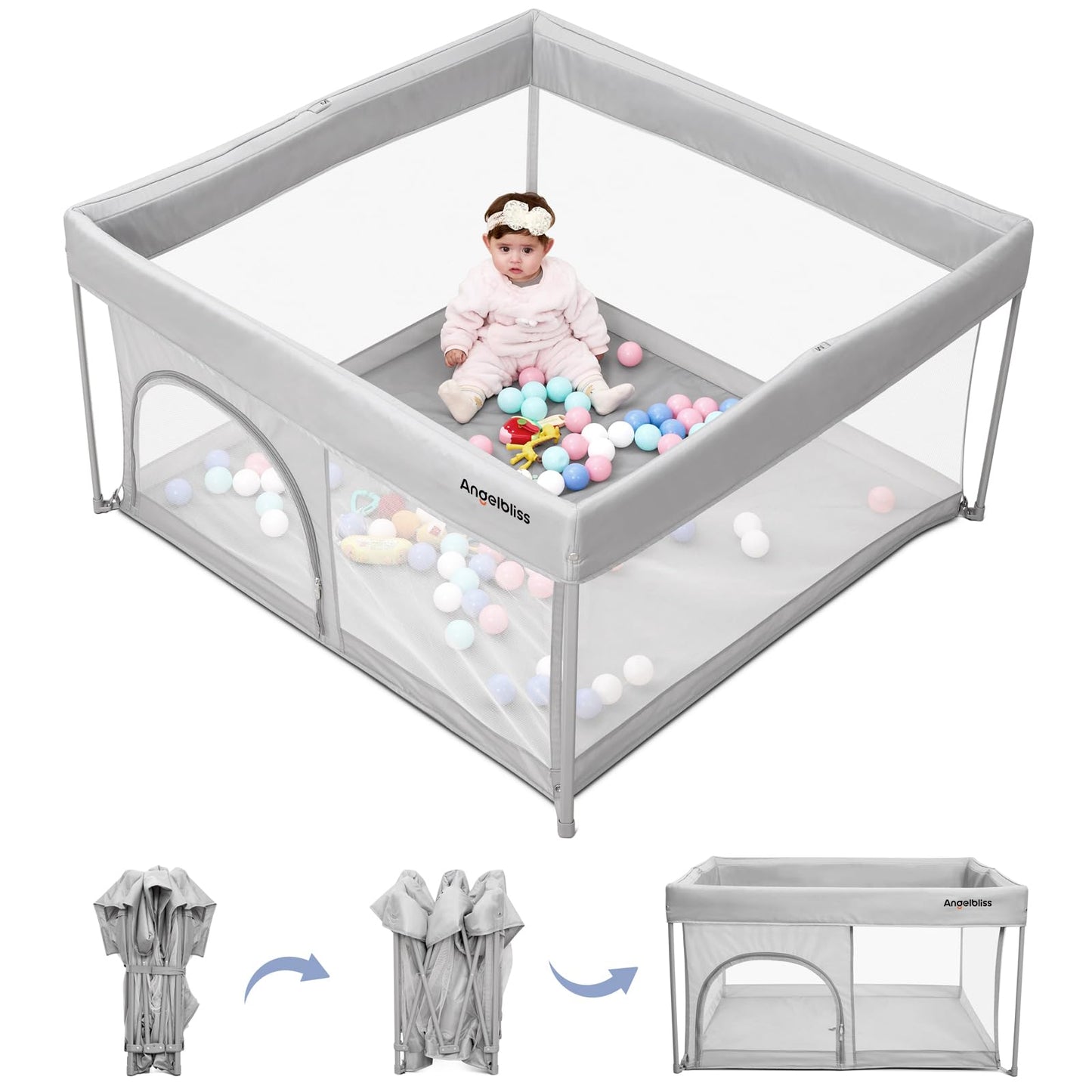 Foldable Baby Playpen 50"×50", Out-of-the-Box Ready Playpen for Babies and Toddlers, Portable Play Yard with Breathable Mesh & ASTM F406 Certified(Light Grey)