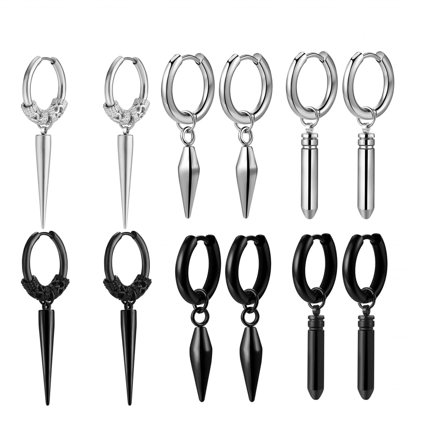 Aroncent 12PCS Stainless Steel Hoop Spike Earrings - Fake Tapers & Illusion Tunnel Cheater Piercing Jewelry - Men & Women