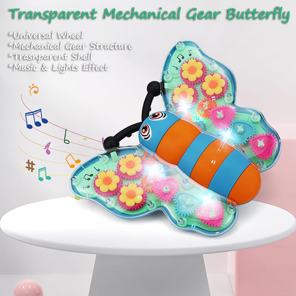 Miracland Transparent Gear Butterfly Toy, Light-up Bump & Go Car Toy Toddler Musical Toy 3D Gears Butterfly Crawling Toy for Kids with Lights and Music