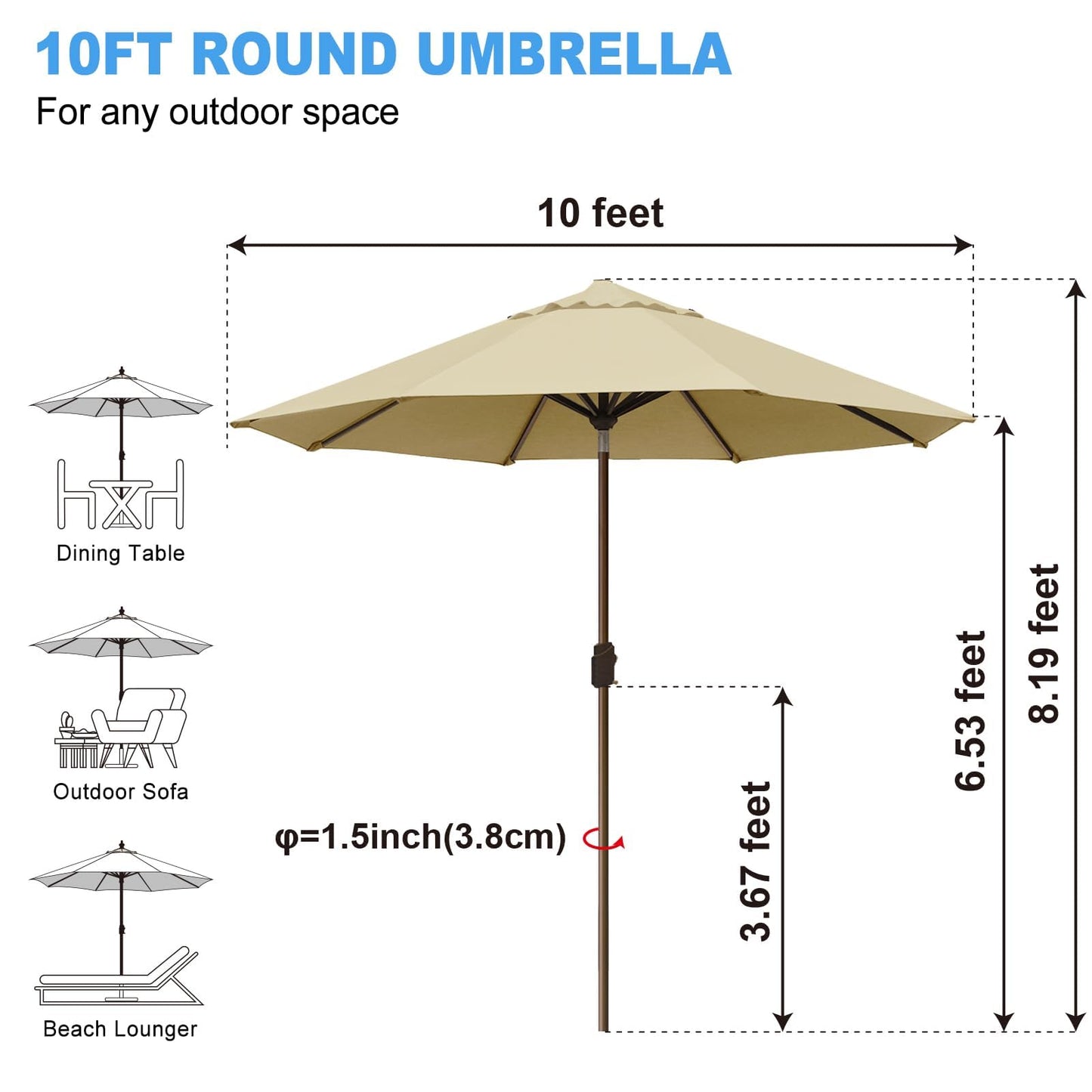 Eurmax USA 10-Year-Non-Fading 10FT Outdoor Patio Market Umbrella,UPF50+ UV Resistant Sun Shade,Heavy Duty Commercial Grade,Crank Lift&Tilt,Windproof Vented Top for Garden,Pool,Deck,Sand